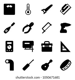 Solid vector icon set - floor scales vector, thermometer, saw, trowel, chisel, side cutters, metal hacksaw, drill, multimeter, jig, tool box, corner ruler, allen key, awl, guitar, tambourine