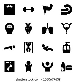 Solid vector icon set - floor scales vector, barbell, power hand, mri, heart, lungs, bladder, push ups, pull, abdominal muscles, liquid soap, x ray, success, uv cream