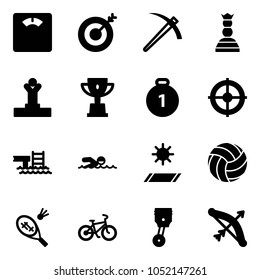 Solid vector icon set - floor scales vector, target, job, chess queen, winner, win cup, gold medal, pool, swimming, mat, volleyball, badminton, bike, piston, bow