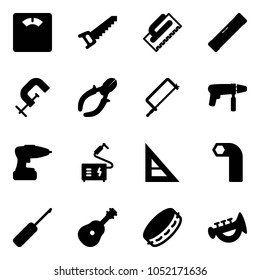 Solid vector icon set - floor scales vector, saw, trowel, level, clamp, side cutters, metal hacksaw, drill machine, welding, corner ruler, allen key, awl, guitar, tambourine, horn toy