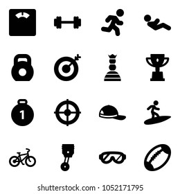 Solid vector icon set - floor scales vector, barbell, run, abdominal muscles, weight, target, chess queen, win cup, gold medal, cap, surfing, bike, piston, protective glasses, football