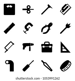 Solid vector icon set - floor scales vector, steel rolling, mason hammer, trowel, level, clamp, side cutters, wood drill, metal hacksaw, machine, tool box, corner ruler, allen key, awl, forceps