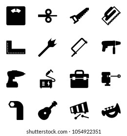 Solid vector icon set - floor scales vector, steel rolling, saw, trowel, corner ruler, wood drill, metal hacksaw, machine, welding, tool box, laser lever, allen key, guitar, xylophone, horn toy