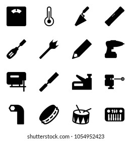 Solid vector icon set - floor scales vector, thermometer, trowel, level, chisel, wood drill, pencil, jig saw, rasp, stapler, laser lever, allen key, tambourine, drum, toy piano