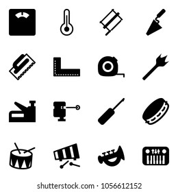 Solid vector icon set - floor scales vector, thermometer, bucksaw, trowel, corner ruler, measuring tape, wood drill, stapler, laser lever, awl, tambourine, drum, xylophone, horn toy, piano