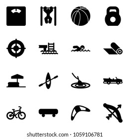 Solid vector icon set - floor scales vector, pull ups, basketball ball, weight, target, pool, swimming, mat, inflatable, kayak, fishing, cabrio, bike, skateboard, boomerang, bow
