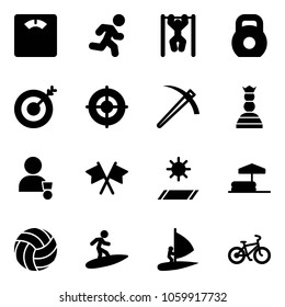 Solid vector icon set - floor scales vector, run, pull ups, weight, target, job, chess queen, winner, flags cross, mat, inflatable pool, volleyball, surfing, windsurfing, bike