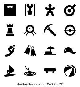 Solid vector icon set - floor scales vector, pull ups, gymnastics, target, chess tower, gold medal, rock axe, flying man, flippers, inflatable pool, cap, windsurfing, fishing, skateboard, beach ball