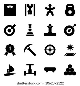 Solid vector icon set - floor scales vector, pull ups, gymnastics, weight, target, chess queen, winner, gold medal, rock axe, mat, windsurfing, gyroscope, skateboard, billiards balls