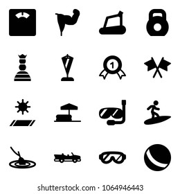 Solid vector icon set - floor scales vector, power hand, treadmill, weight, chess queen, pennant, gold medal, flags cross, mat, inflatable pool, diving, surfing, fishing, cabrio, protective glasses