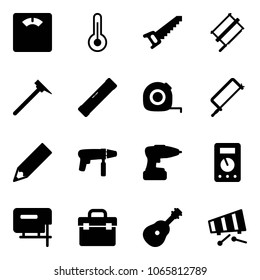 Solid vector icon set - floor scales vector, thermometer, saw, bucksaw, mason hammer, level, measuring tape, metal hacksaw, pencil, drill machine, multimeter, jig, tool box, guitar, xylophone