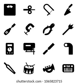 Solid vector icon set - floor scales vector, steel rolling, fretsaw, trowel, chisel, clamp, side cutters, wood drill, multimeter, jig saw, rasp, allen key, forceps, drum, horn toy, piano