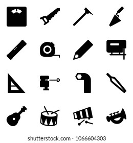 Solid vector icon set - floor scales vector, saw, mason hammer, trowel, level, measuring tape, pencil, jig, corner ruler, laser lever, allen key, forceps, guitar, drum, xylophone, horn toy