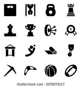 Solid vector icon set - floor scales vector, pull ups, weight, chess tower, winner, win cup, solution, gold medal, pennant, flying man, mat, piston, axe, boomerang, basketball, football