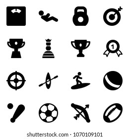 Solid vector icon set - floor scales vector, abdominal muscles, weight, target, cup, chess queen, gold, medal, kayak, surfing, ball, baseball bat, soccer, bow, football