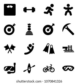 Solid vector icon set - floor scales vector, barbell, run, gymnastics, target, chess queen, rock axe, flags cross, flying man, flippers, pool, diving, kayak, bike, protective glasses