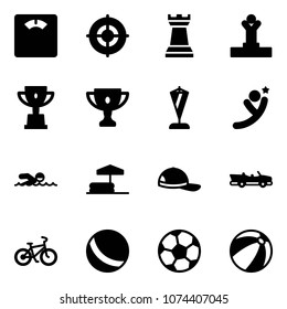 Solid vector icon set - floor scales vector, target, chess tower, winner, win cup, gold, pennant, flying man, swimming, inflatable pool, cap, cabrio, bike, ball, soccer, beach