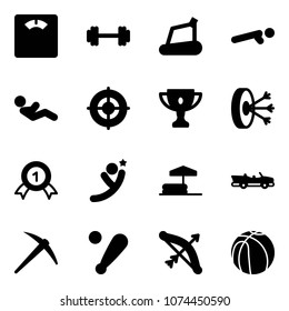 Solid vector icon set - floor scales vector, barbell, treadmill, push ups, abdominal muscles, target, gold cup, solution, medal, flying man, inflatable pool, cabrio, axe, baseball bat, bow