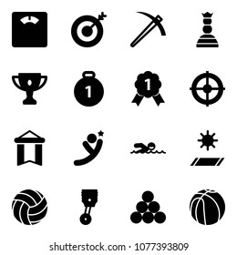 Solid vector icon set - floor scales vector, target, job, chess queen, gold cup, medal, pennant, flying man, swimming, mat, volleyball, piston, billiards balls, basketball