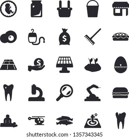 Solid vector icon set - flooring flat vector, warm floor, kitchen egg timer, hamburger, pie, fish, scrambled eggs, rake, bucketful, planting plants, solar battery, robotics, glass bottles, magnifier