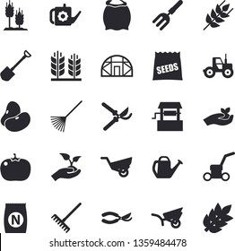 Solid vector icon set - flour flat vector, ear, legumes, tomato, seeds, fertilizer vectory, well, tractor, pitchfork, shovel, secateurs, seedlings, rake, watering can, garden wheelbarrow, lawn mower