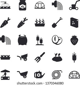 Solid vector icon set - flour flat vector, groats, coffee beans, jam, Strawberry, ear, well, carrot, sprinkling machine, pitchfork, shovel, hose, watering can, planting plants, irrigation, seedlings