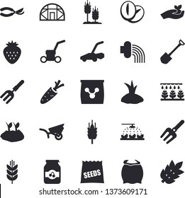 Solid vector icon set - flour flat vector, coffee beans, jam, Strawberry, seeds, ear, carrot, sprinkling machine, pitchfork, shovel, secateurs, seedlings, planting plants, hose irrigation, spike