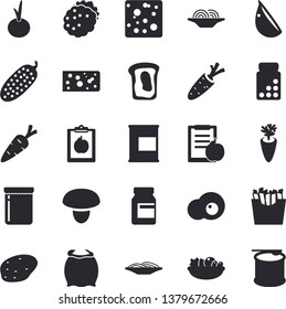 Solid vector icon set - flour flat vector, mushroom, potato, cheese, spaghetti, salad, carrot, garlic, onion, cucumber, French fries, scrambled eggs, jam, blackberry, sandwich, diet, vitamins