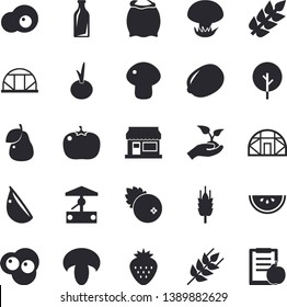Solid vector icon set - flour flat vector, ear, lemon, watermelon, mushroom, garlic, onion, tomato, scrambled eggs, cranberry, Strawberry, pear, well, tree, grain warehouse, seedlings, greenhouse