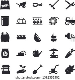 Solid vector icon set - flour flat vector, garlic, jam, ear, seeds, fertilizer vectory, well, carrot, tractor, sprinkling machine, shovel, hose, secateurs, seedlings, rake, watering can, irrigation