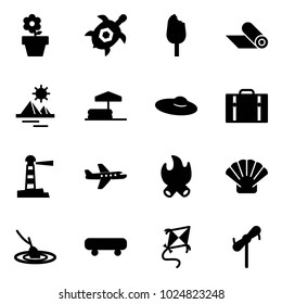 Solid vector icon set - flower pot vector, sea turtle, ice cream, mat, pyramid, inflatable pool, woman hat, suitcase, lighthouse, plane, fire, shell, fishing, skateboard, kite, toy windmill