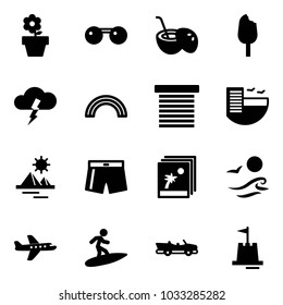 Solid vector icon set - flower pot vector, sunglasses, coconut cocktail, ice cream, storm, rainbow, jalousie, hotel, pyramid, swimsuit, photo, waves, plane, surfing, cabrio, sand castle