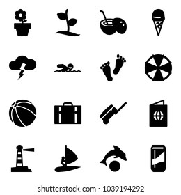 Solid vector icon set - flower pot vector, sproute, coconut cocktail, ice cream, storm, swimming, feet, parasol, ball, suitcase, passport, lighthouse, windsurfing, dolphin, drink