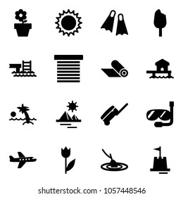 Solid vector icon set - flower pot vector, sun, flippers, ice cream, pool, jalousie, mat, bungalow, palm, pyramid, suitcase, diving, plane, tulip, fishing, sand castle