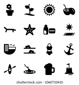 Solid vector icon set - flower pot vector, sproute, sun, coconut cocktail, lounger, starfish, uv cream, mat, hotel, flip flops, swimsuit, anchor, kayak, fishing, beer, sand castle