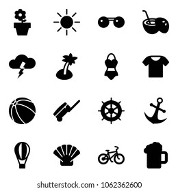 Solid vector icon set - flower pot vector, sun, sunglasses, coconut cocktail, storm, palm, swimsuit, t shirt, ball, suitcase, hand wheel, anchor, air balloon, shell, bike, beer