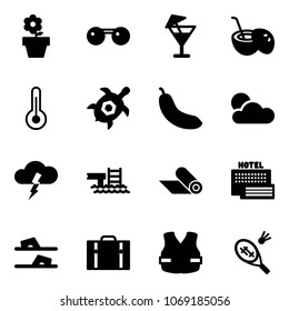 Solid vector icon set - flower pot vector, sunglasses, drink, coconut cocktail, thermometer, sea turtle, banana, storm, pool, mat, hotel, flip flops, suitcase, life vest, badminton