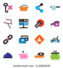 solid vector icon set - foam basin vector, dish, piggy bank, measuring, bike, molecule, no hook, flammable, barcode, eye doctor hat, network, server, chain, cottage, credit card, wallet