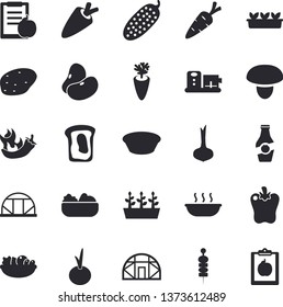 Solid vector icon set - food processor flat vector, mushroom, potato, legumes, onion, carrot, salad, soup, bell pepper, hot peppers, cucumber, canape, ketchup, sandwich, seedlings, greenhouse, diet