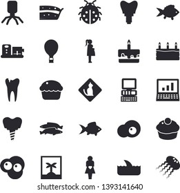 Solid vector icon set - food processor flat vector, fish, cupcake, piece of cake, scrambled eggs, ladybird, virus, gestation, caries, implant, computer, balloon fector, photo, pets allowed, shark