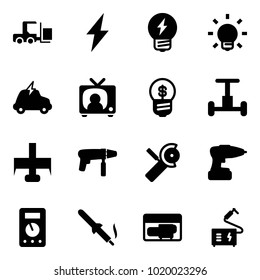 Solid vector icon set - fork loader vector, lightning, idea, bulb, electric car, tv news, business, gyroscope, milling cutter, drill machine, Angular grinder, multimeter, soldering iron, generator
