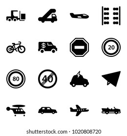 Solid vector icon set - fork loader vector, trap truck, small plane, seats, bike, encashment car, no way road sign, speed limit 20, 80, end, electric, paper fly, helicopter, limousine, cabrio