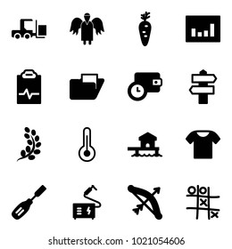 Solid vector icon set - fork loader vector, angel, carrot, statistics, pulse clipboard, folder, wallet time, signpost, golden branch, thermometer, bungalow, t shirt, chisel, welding, bow