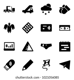 Solid vector icon set - fork loader vector, trap truck, snowfall, gloves, angel, pills blister, tap pay, cash, account statistics, landslide road sign, swimsuit, terms plan, usb wi fi, pencil, kite
