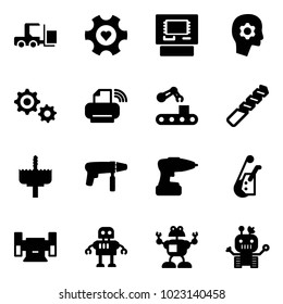 Solid vector icon set - fork loader vector, heart gear, atm, brain work, printer wireless, conveyor, drill, crown, machine, winch, sharpening, robot