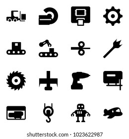 Solid vector icon set - fork loader vector, mri, atm, gear, conveyor, steel rolling, wood drill, saw disk, milling cutter, jig, generator, winch, robot, plane toy