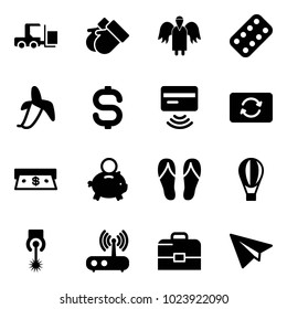 Solid vector icon set - fork loader vector, gloves, angel, pills blister, banana, dollar sign, tap pay, card exchange, cash, piggy bank, flip flops, air balloon, laser, wi fi router, case