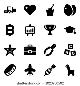 Solid vector icon set - fork loader vector, heart, champagne, eggs, bitcoin, presentation chart, gold cup, graduate hat, starfish, case, side cutters, abc cube, tambourine, toy plane, dart, giraffe