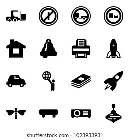 Solid vector icon set - fork loader vector, no parkin odd, trailer road sign, truck overtake, home, bell, printer, rocket, car, world, dollar, dragonfly, skateboard, projector, wirligig toy