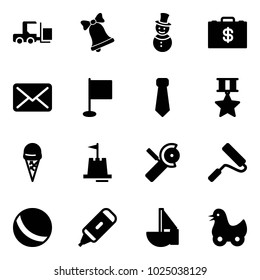 Solid vector icon set - fork loader vector, bell, snowman, money case, mail, flag, tie, star medal, ice cream, sand castle, Angular grinder, paint roller, ball, marker, sailboat toy, duck